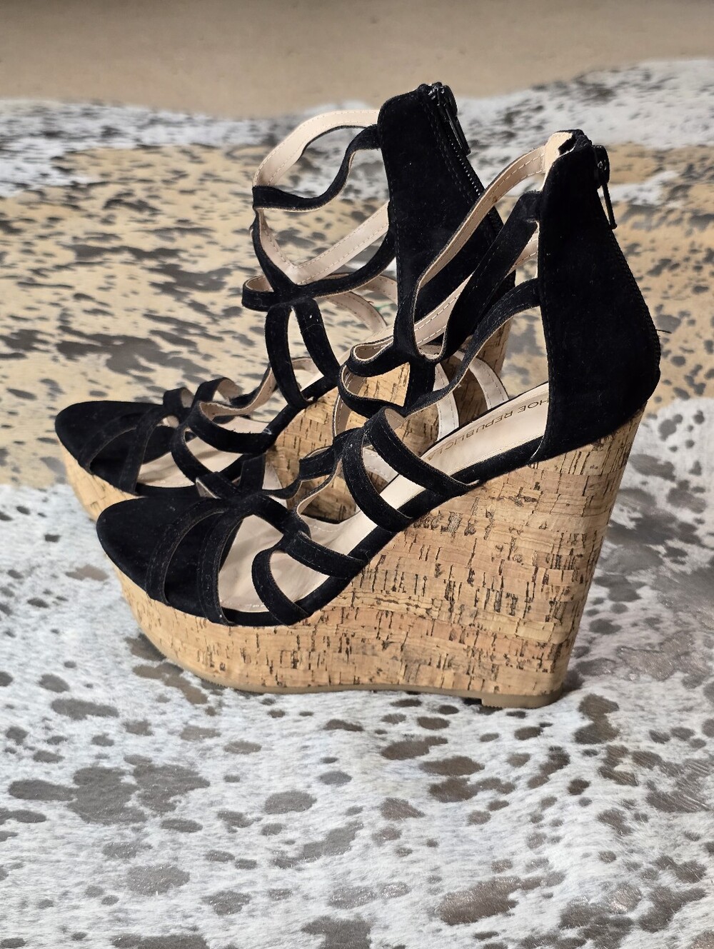 Shoe Republic LA Black Suede Strappy Cork Wedge Sandals